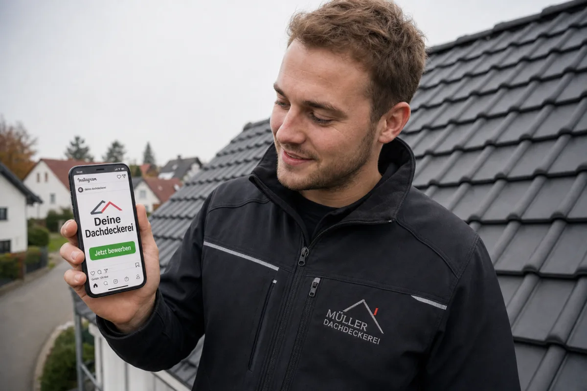 Junger Geselle sieht die Stellenanzeige seiner Dachdeckerei am Handy