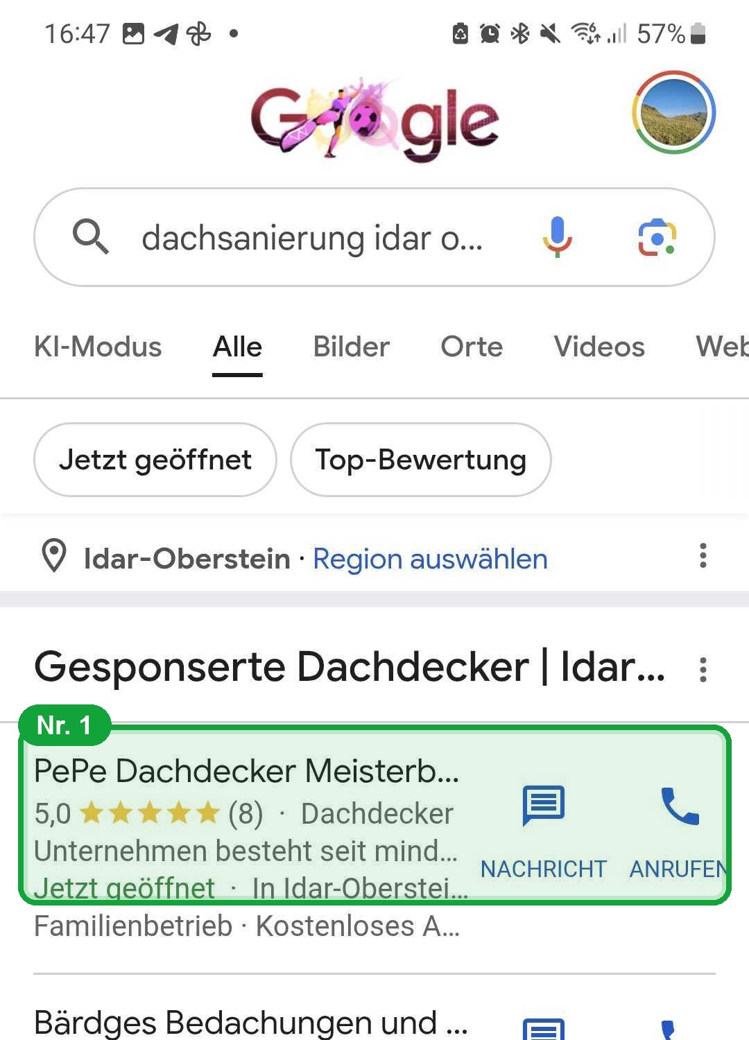 Google-Suche Idar-Oberstein, PePe Dachdecker ganz oben