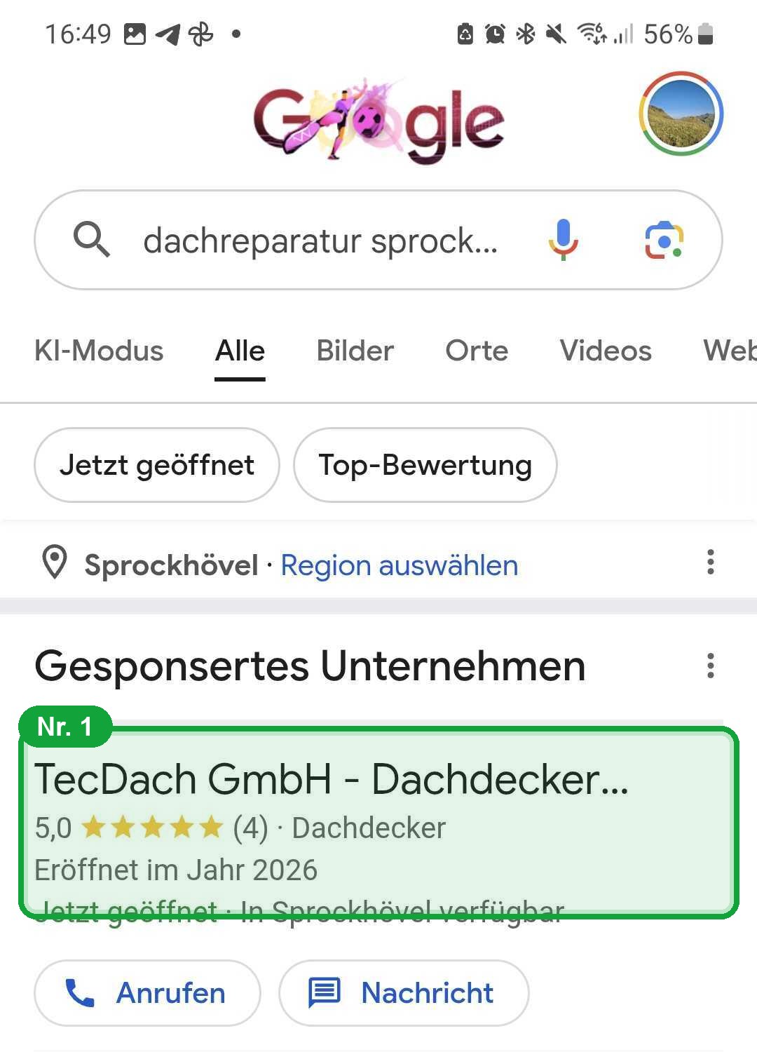 Google-Suche Sprockhövel, TecDach GmbH ganz oben