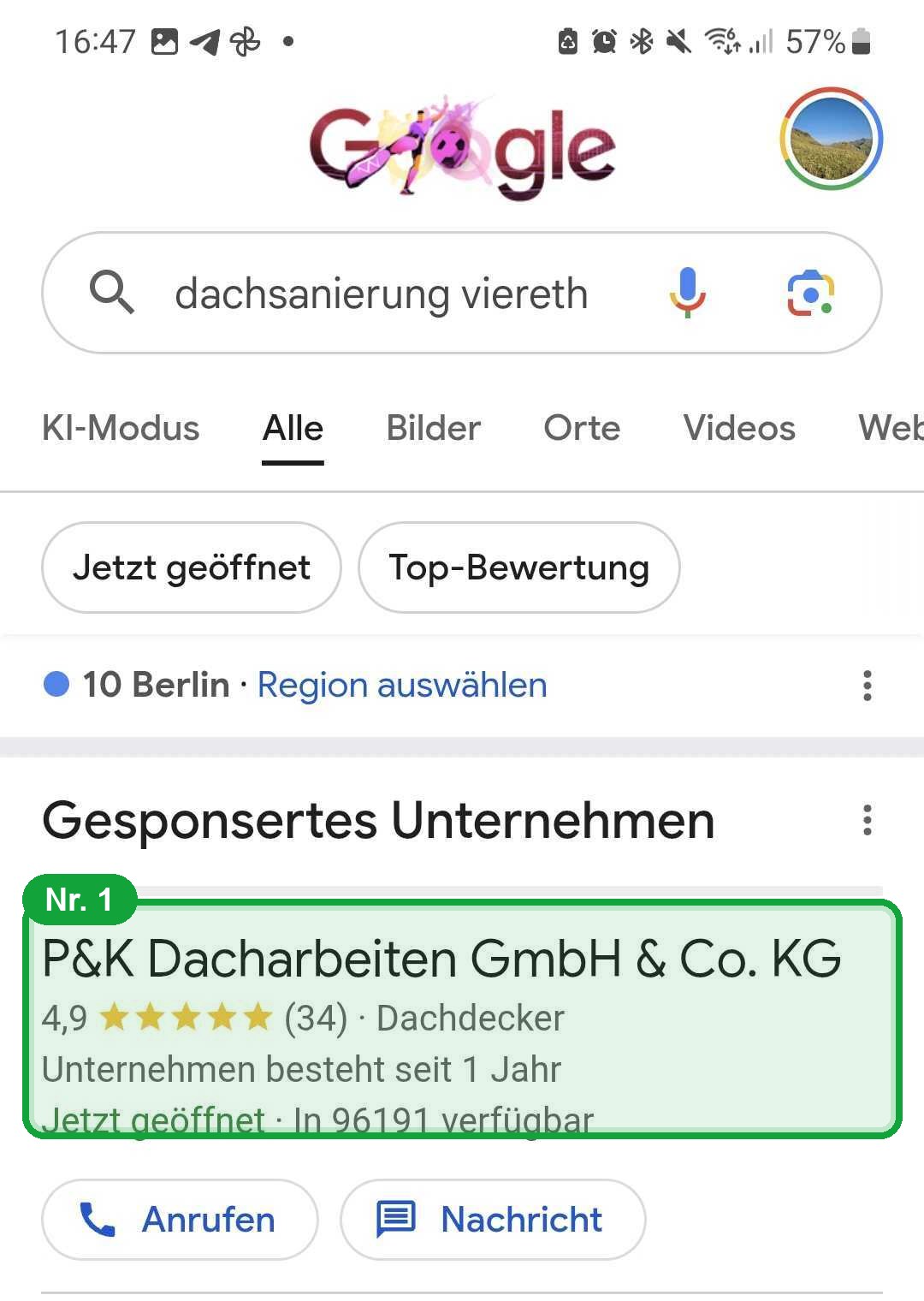Google-Suche Viereth, P und K Dacharbeiten ganz oben
